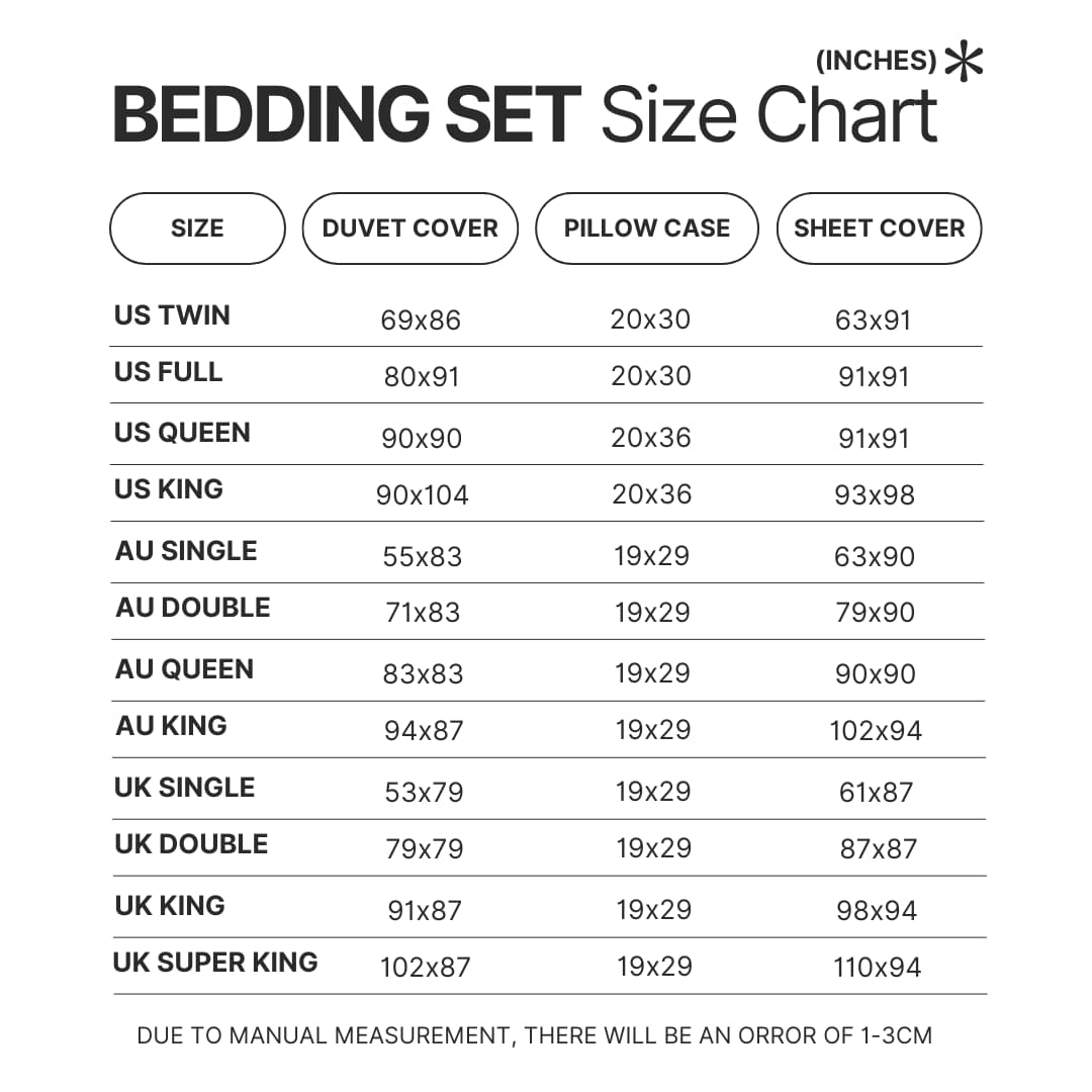 Bedding Set Size Chart - Karate Gifts
